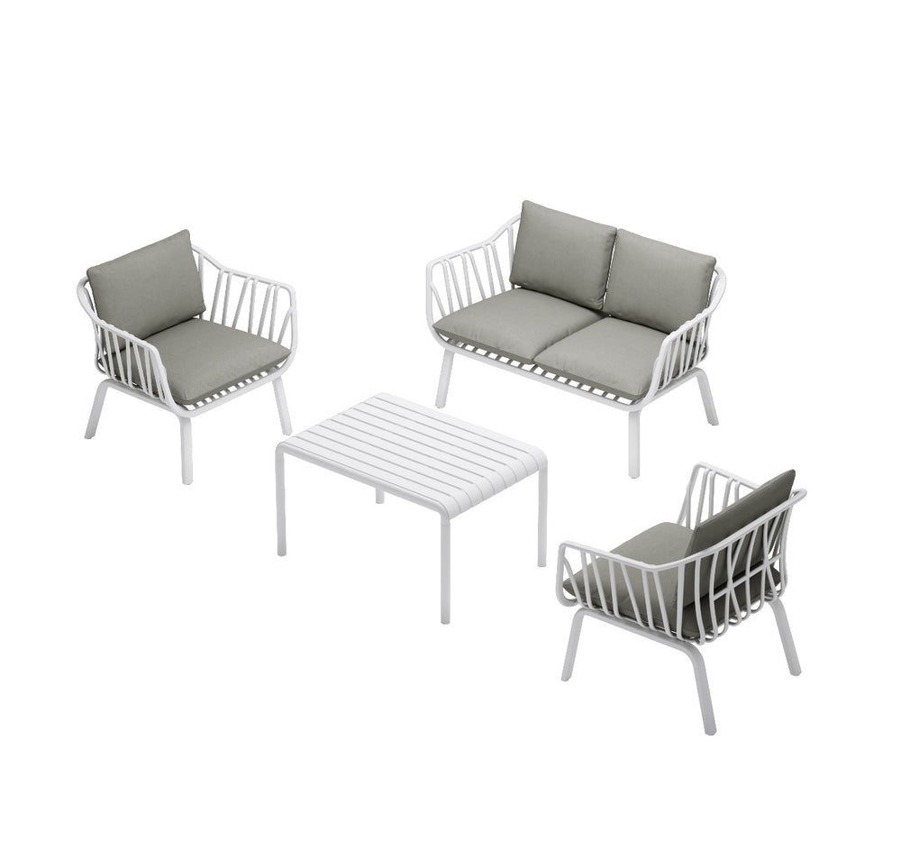 Marcolo 4-piece white patio set with gray cushions.