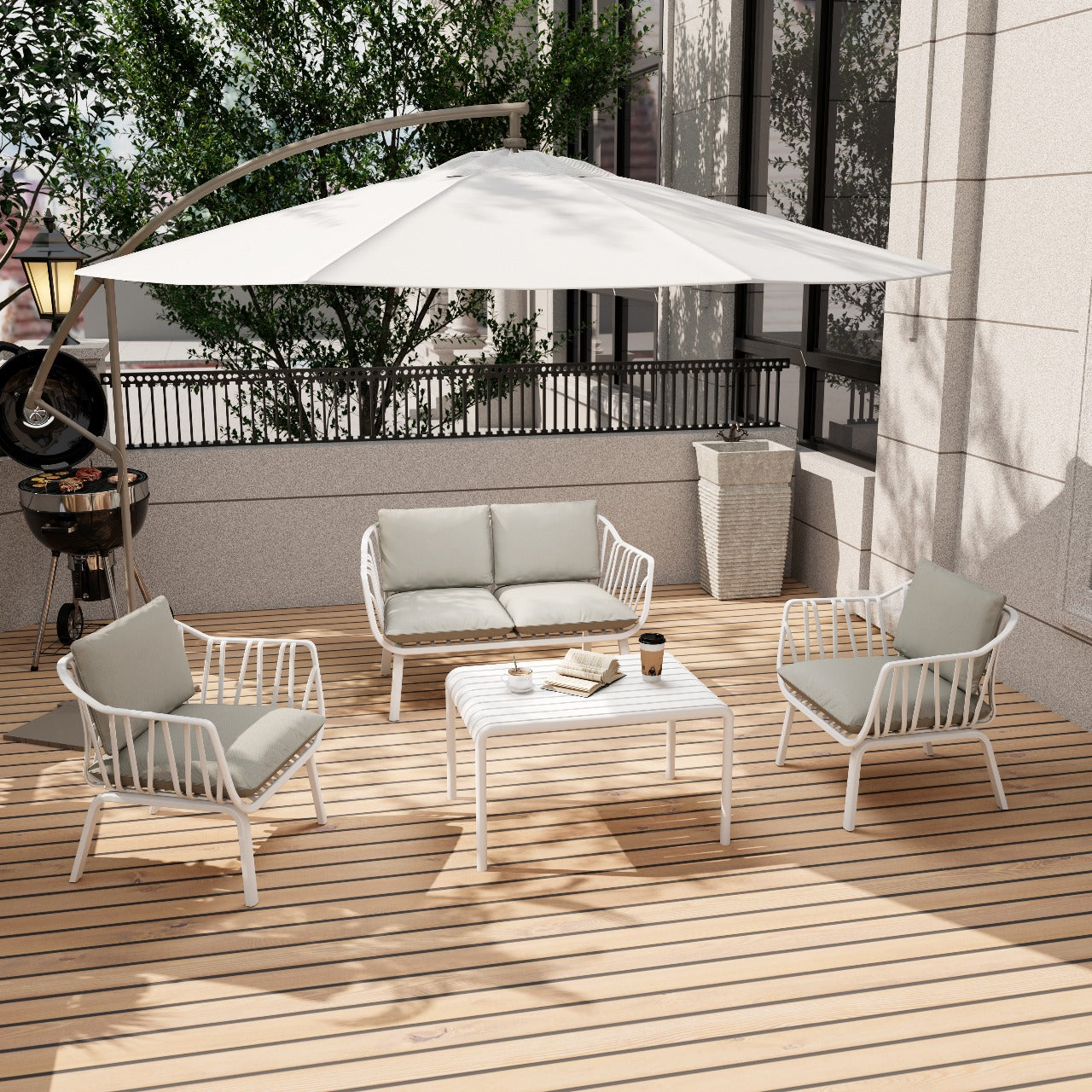 Marcolo patio set with white umbrella on wood deck.