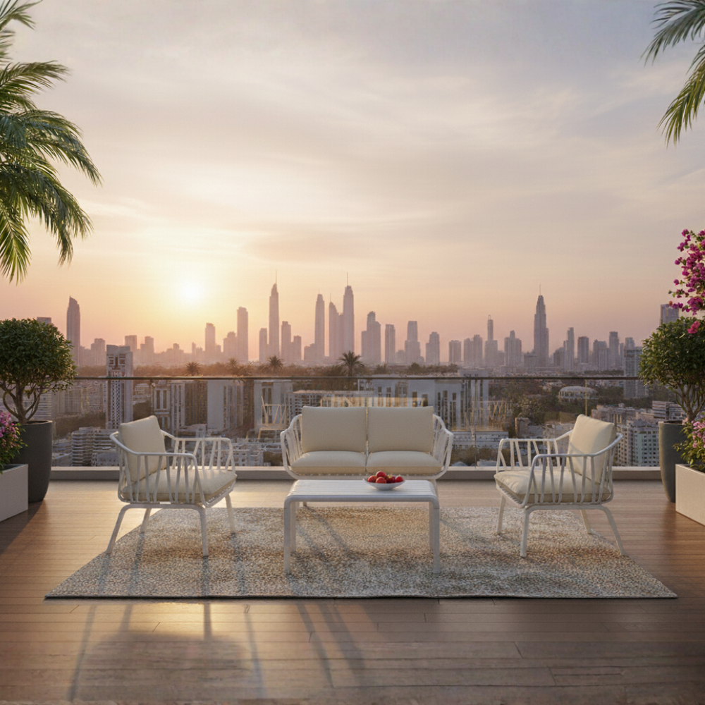 Marcolo white outdoor sofa set with beige cushions on a city balcony.