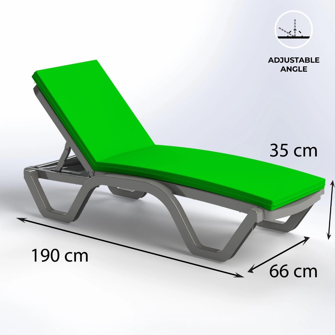 Marcolo adjustable sun lounger with green cushion and dimensions.