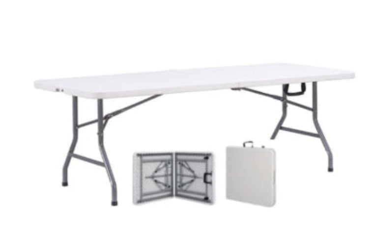 Marcolo white rectangular folding table and carry case.