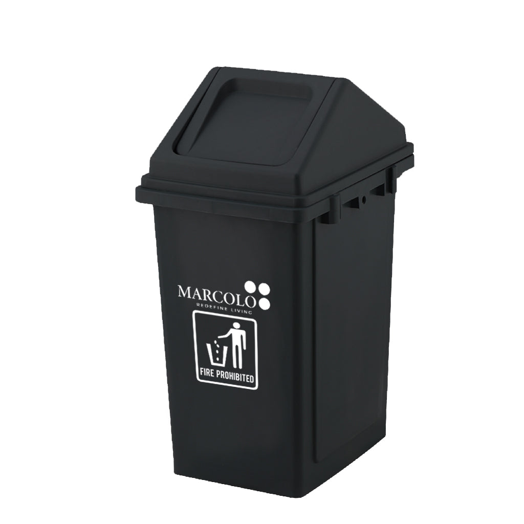 Marcolo black industrial trash can with lid.