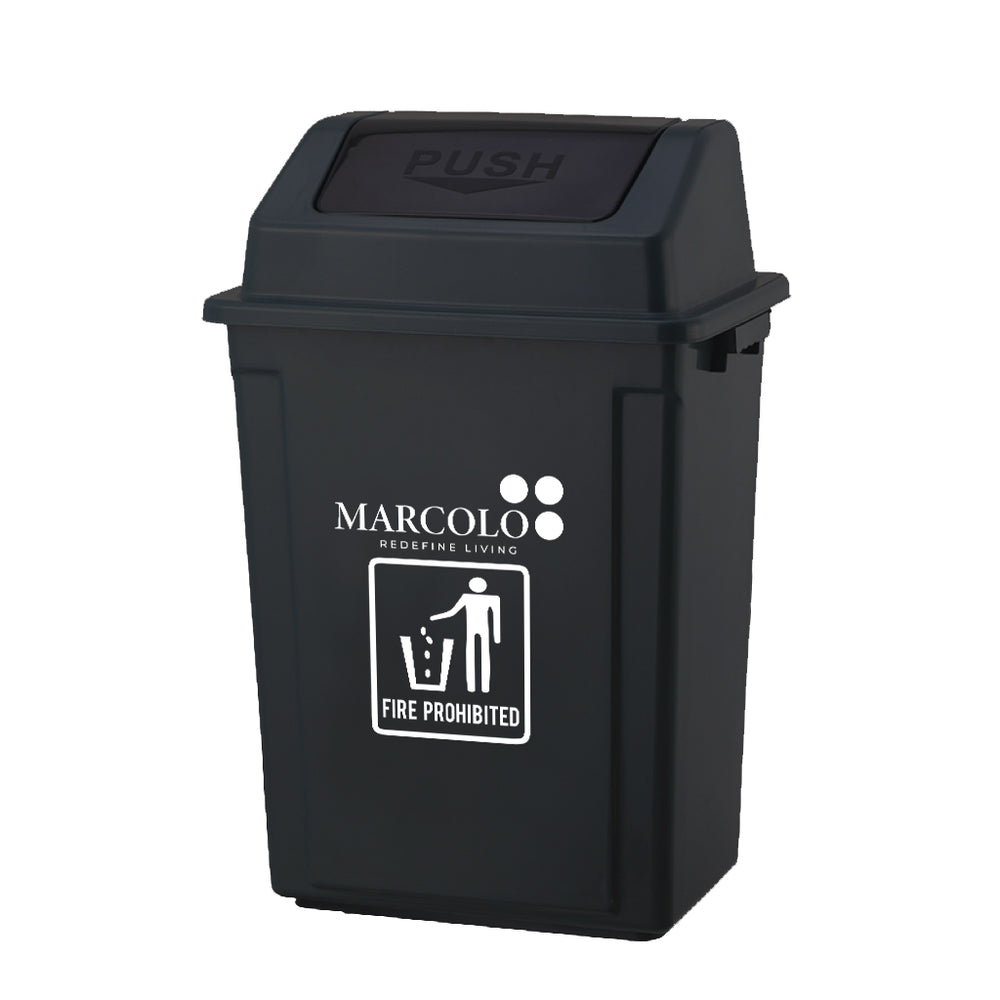 Marcolo black trash can with a push-top lid and logo.