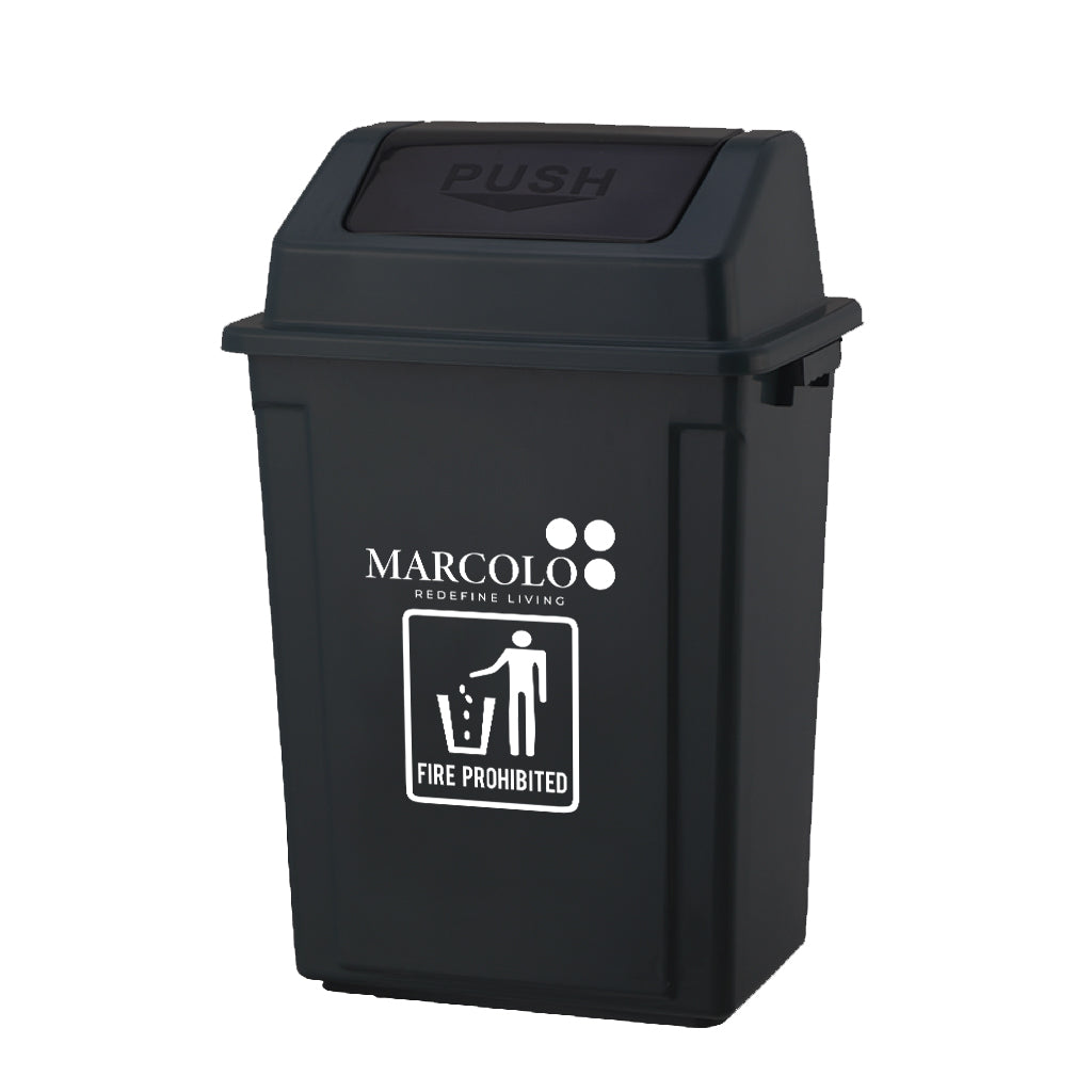 Marcolo black trash can with a push-top lid and logo.
