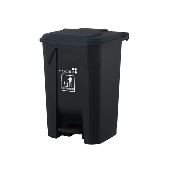 Marcolo black plastic step-on trash can with a warning label.