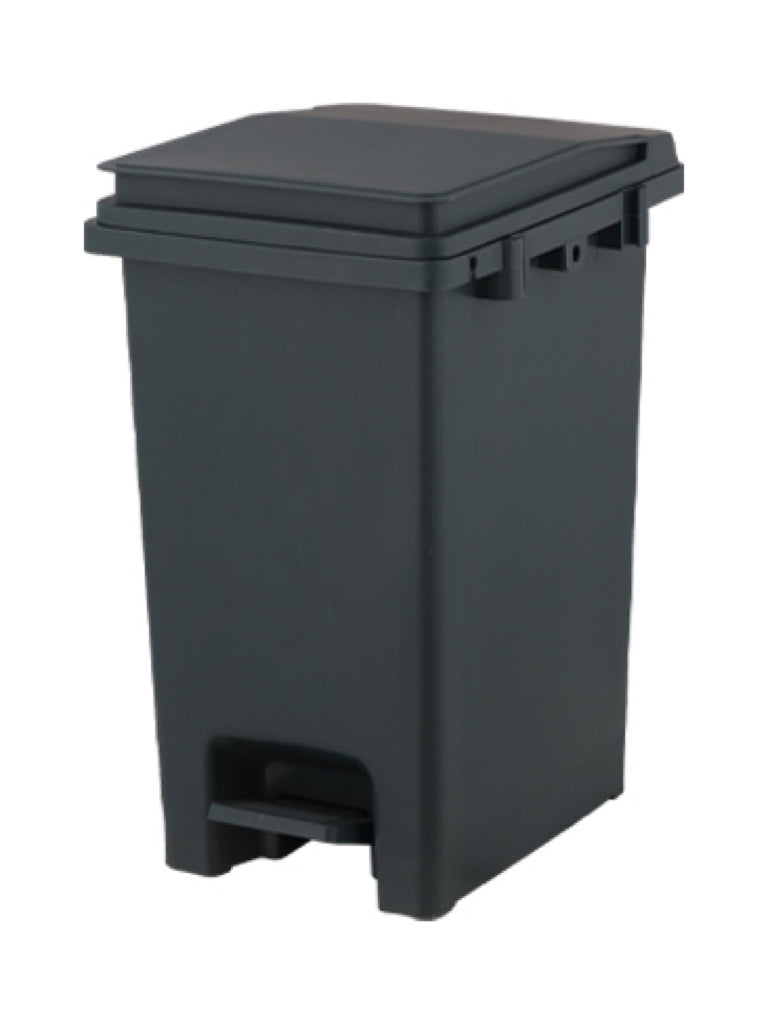 A tall, dark-grey, plastic trash can with a foot pedal.