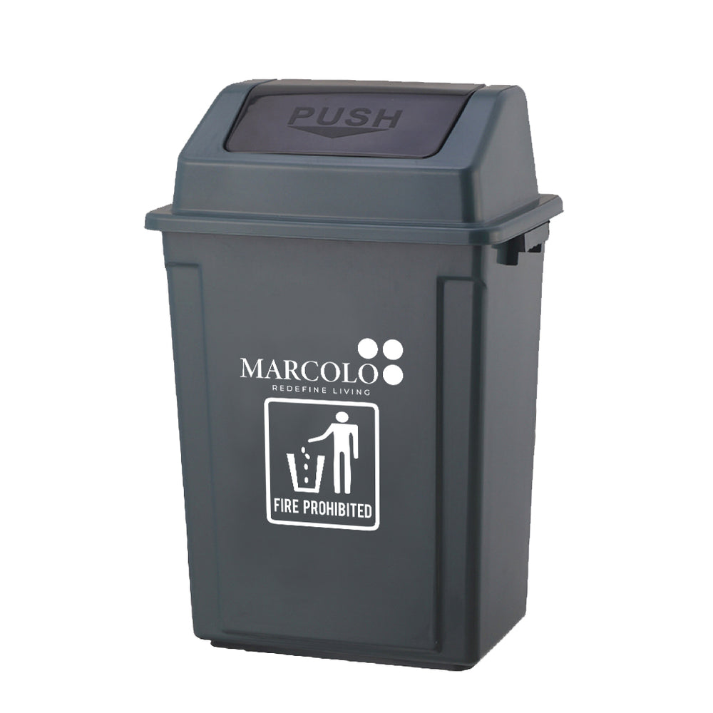 Marcolo dark gray plastic trash can with a push lid.