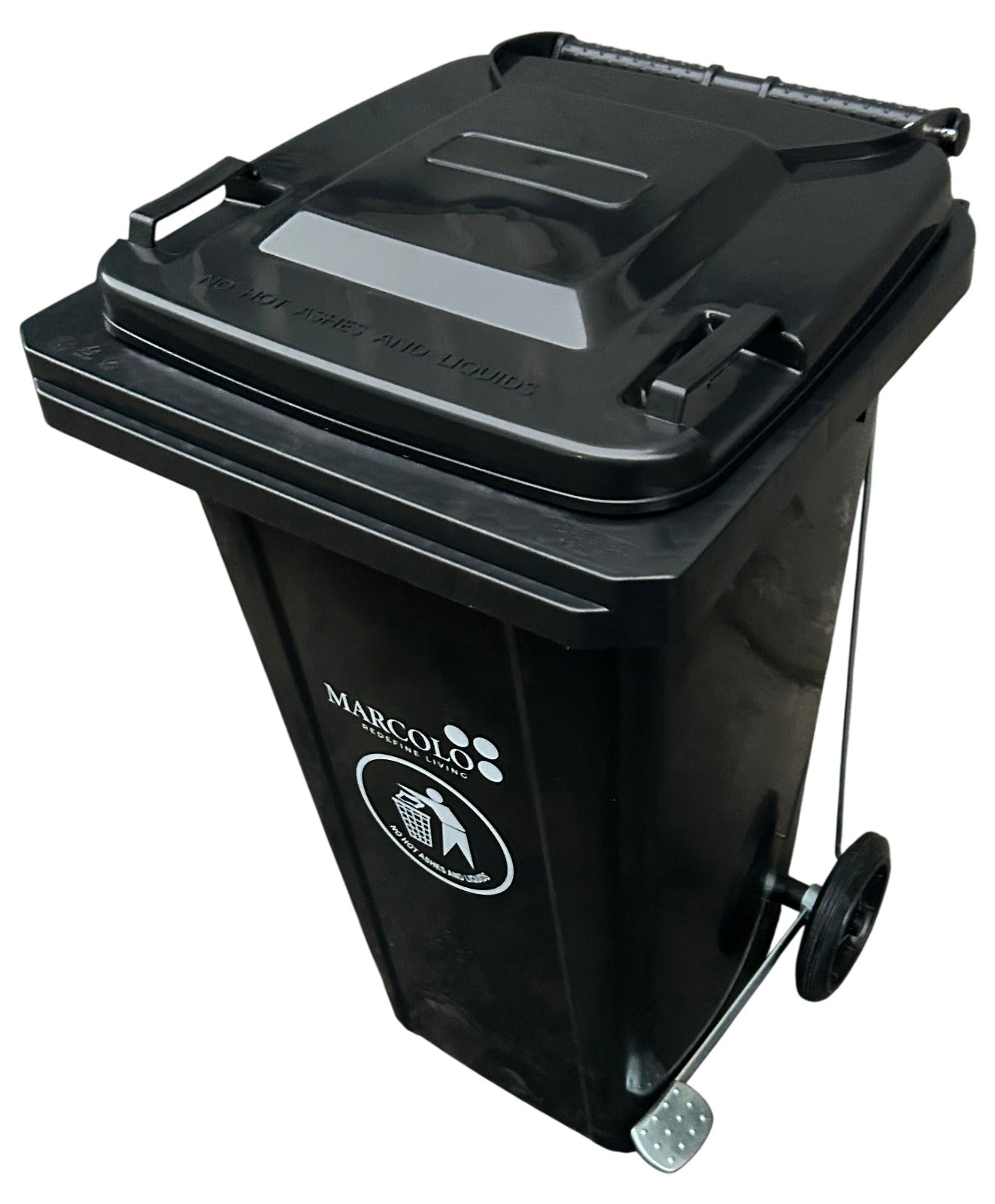 Marcolo black wheeled trash can with pedal and logo.