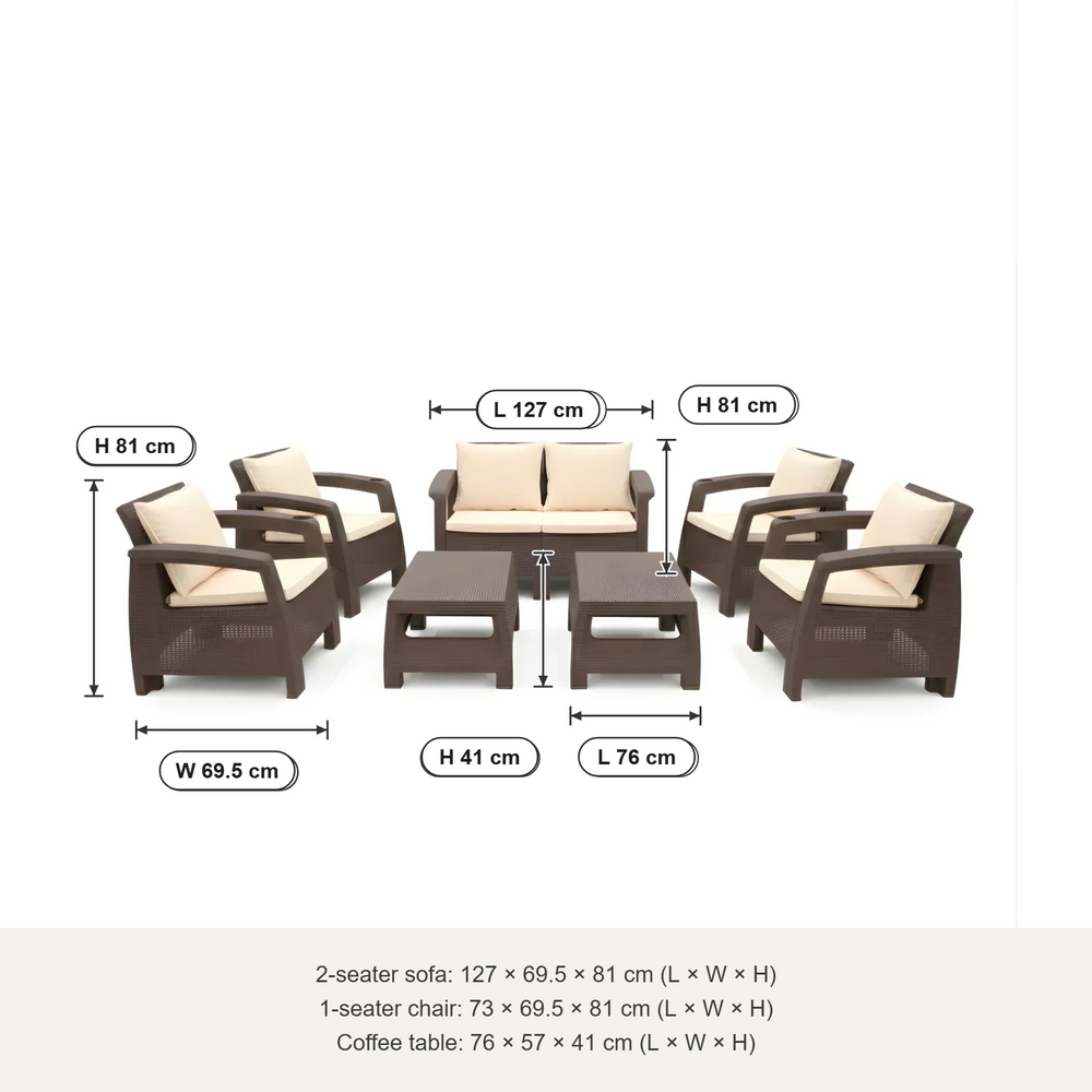 Marcolo Havana 6-seater sofa set size diagram, seat and back cushions: 2-seater 127 × 69.5 × 81 cm, armchair 73 × 69.5 × 81 cm, table 76 × 57 × 41 cm