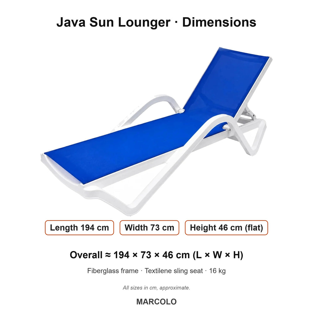Java Fiberglass Sun Lounger with Textilene Sling Seat – dimensions (White)