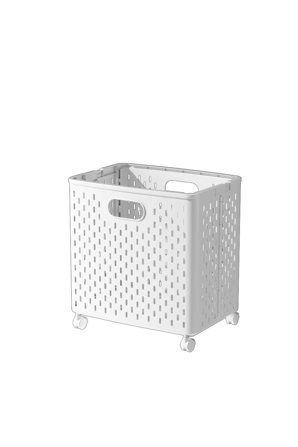 A white, perforated Marcolo folding crate on wheels.