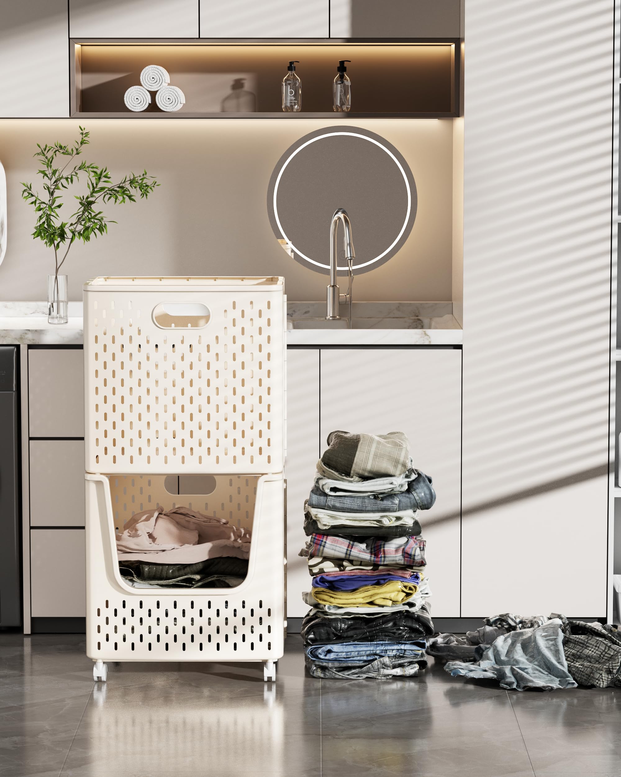 Marcolo stacked laundry baskets on wheels.