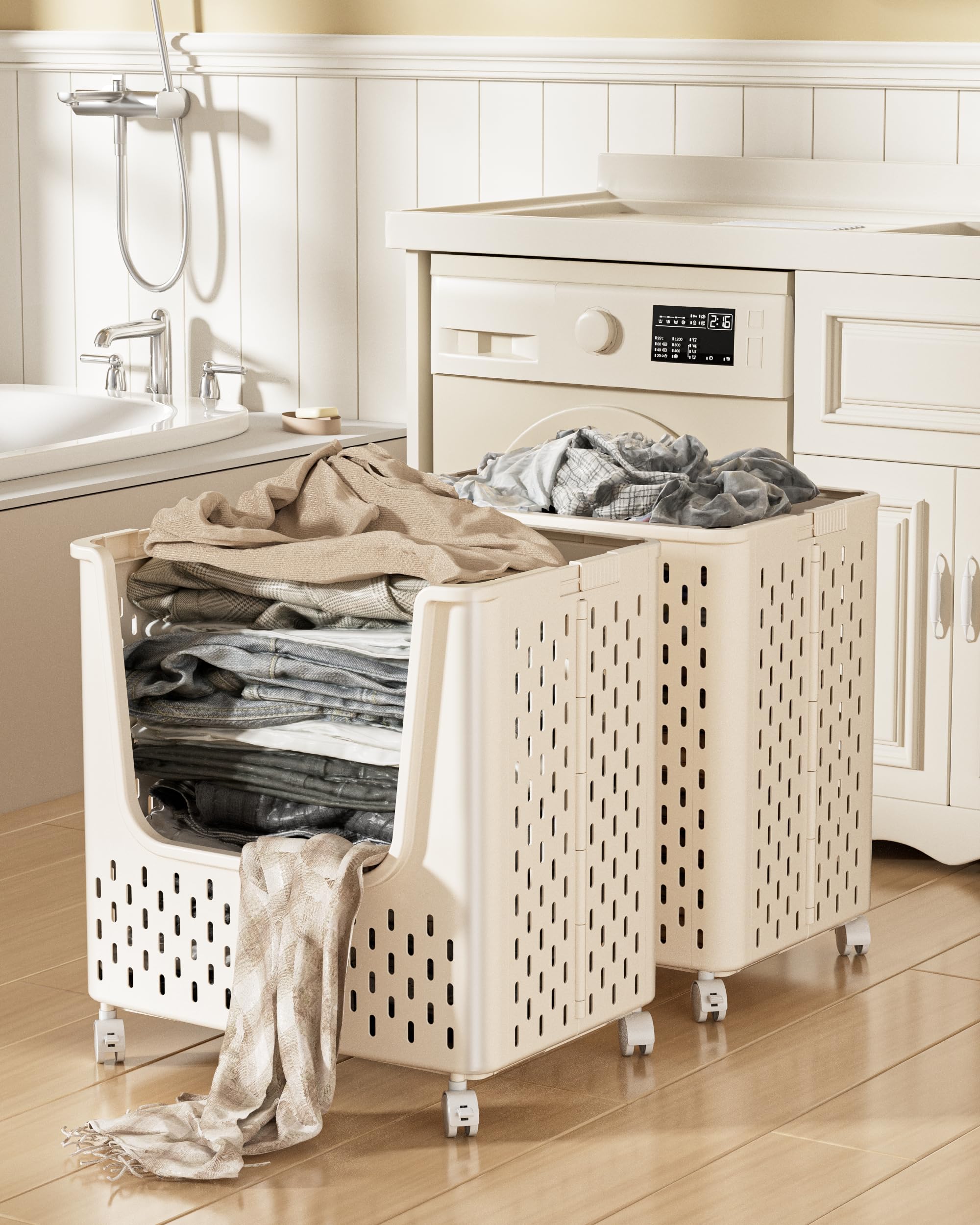 Marcolo plastic laundry hampers on wheels filled with clothes.