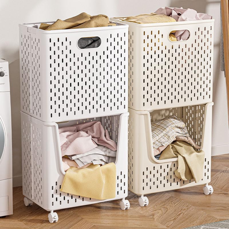 Two pairs of stacked, perforated Marcolo laundry baskets on wheels.