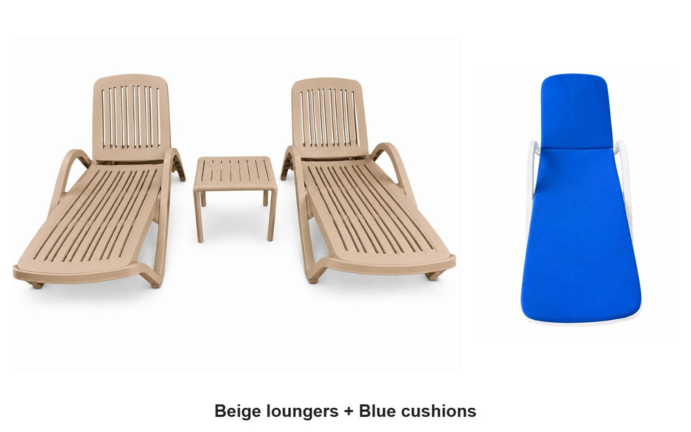Marcolo Marbella sun lounger set, beige, with blue cushions