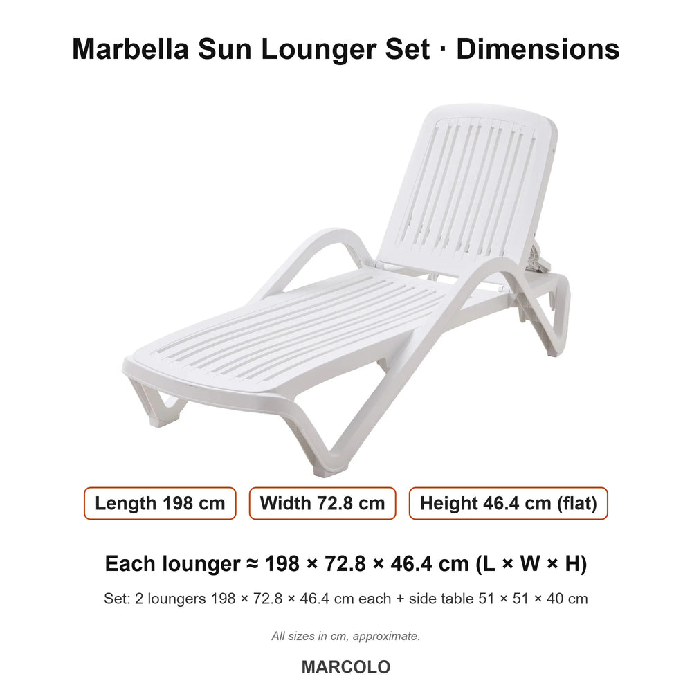 Marbella Sun Lounger Set: 2 Loungers + Side Table – dimensions (White)