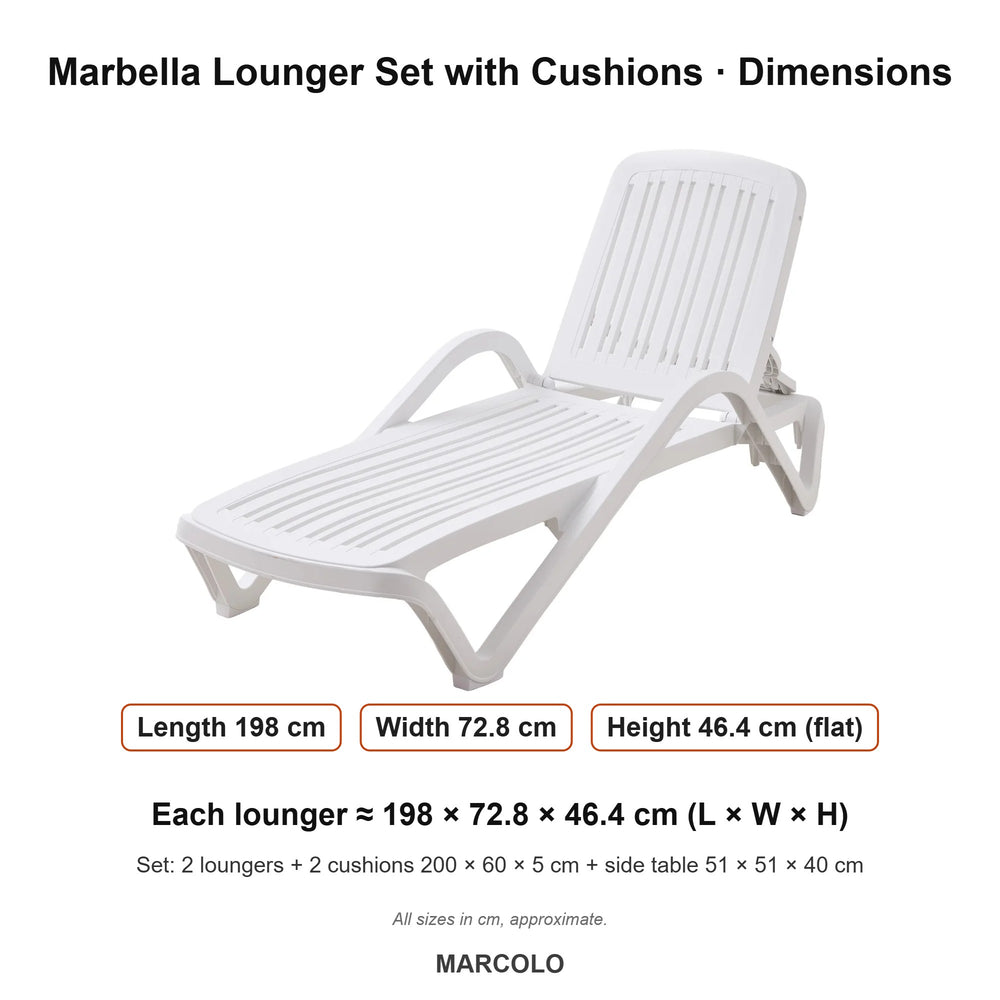 Marbella Sun Lounger Set with Cushions – dimensions (White)