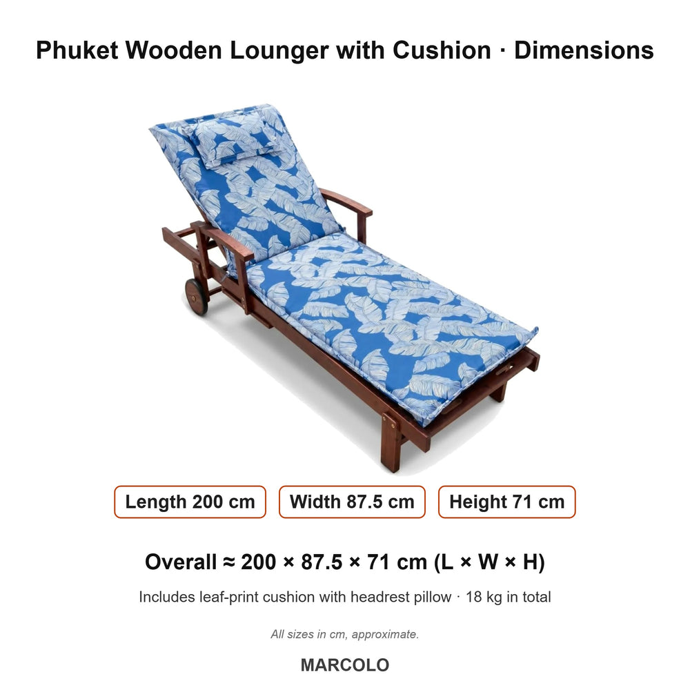 Phuket Wooden Sun Lounger with Leaf-Print Cushion – dimensions (Blue Leaf)