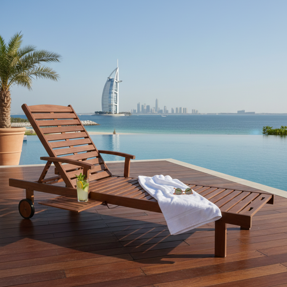 Marcolo Phuket Wooden Sun Lounger with Wheels and Pull-out Table