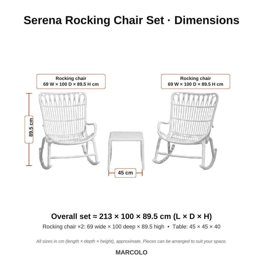 Serena rocking chair set dimensions – White