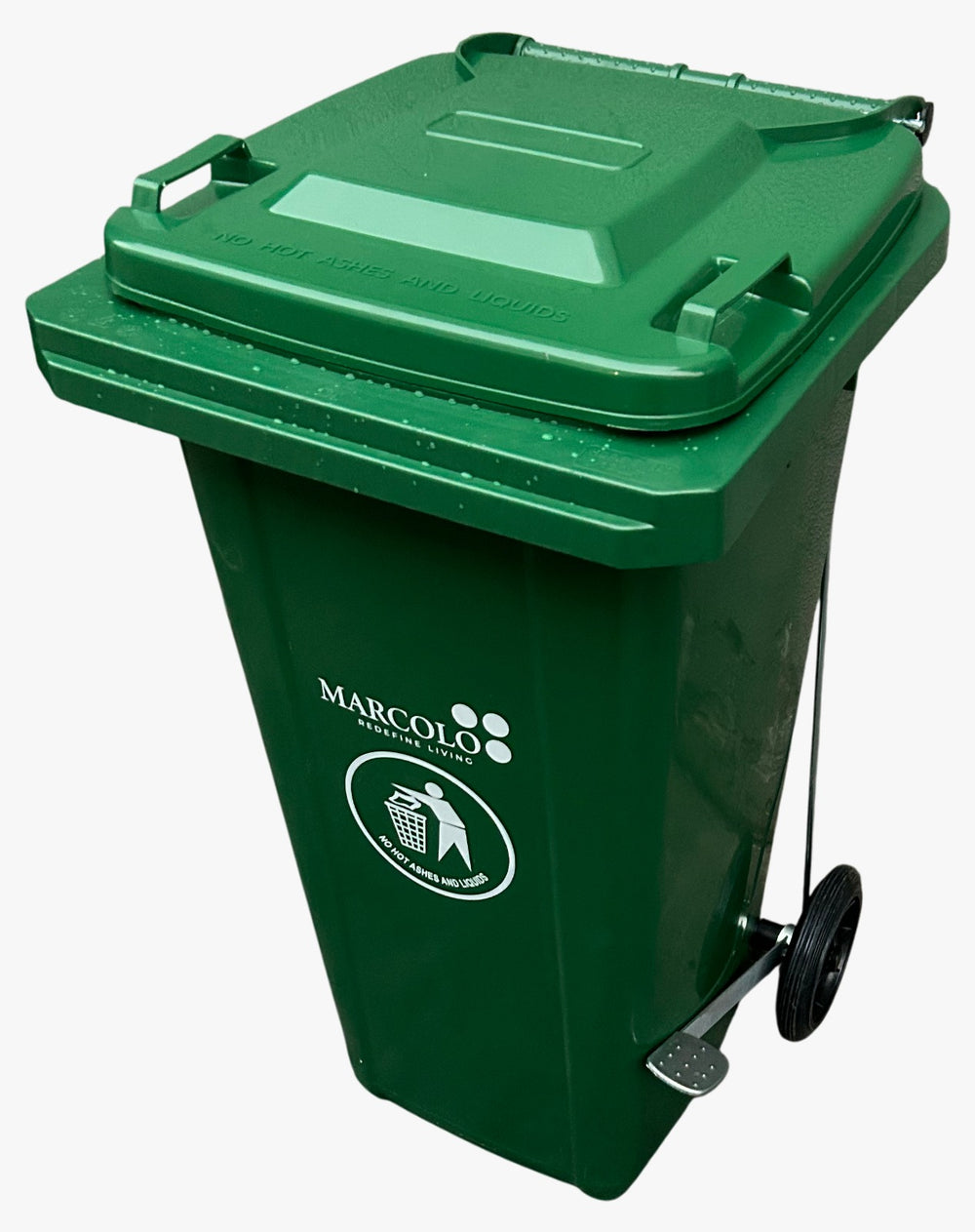 Marcolo green wheeled garbage bin with foot pedal.