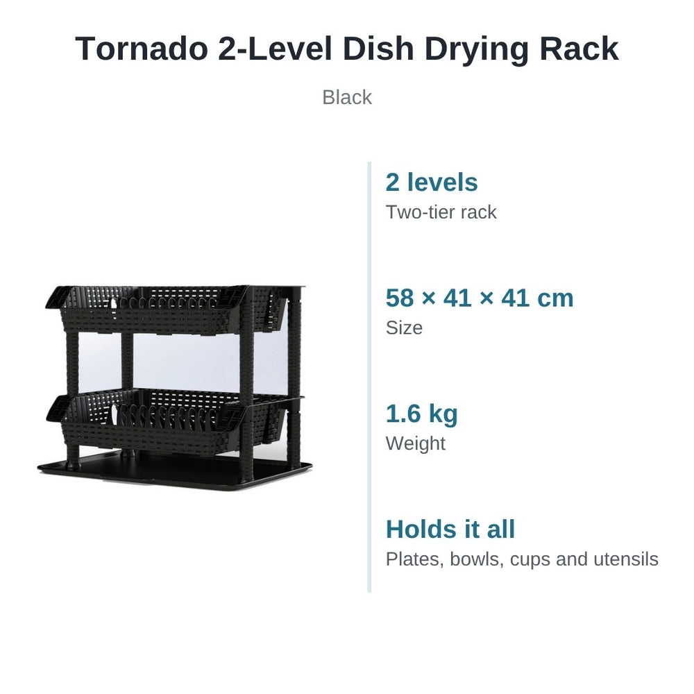 Tornado 2-level dish drying rack in black: 2 levels, 58 × 41 × 41 cm, 1.6 kg, holds plates, bowls, cups and utensils