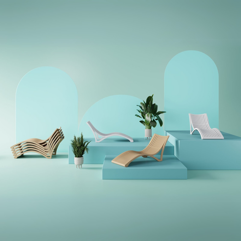 Marcolo plastic chaise lounges in studio.
