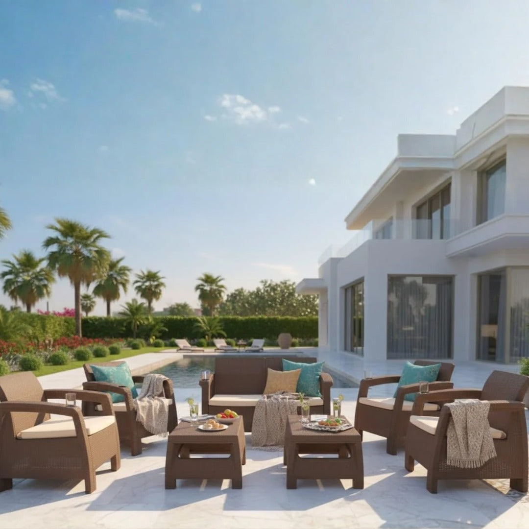 Havana 6-seater rattan-style outdoor sofa set in dark brown with beige seat cushions arranged on a villa terrace for majlis-style seating