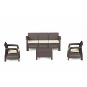 Havana 5-seater rattan-look outdoor sofa set in dark brown with beige seat cushions and coffee table