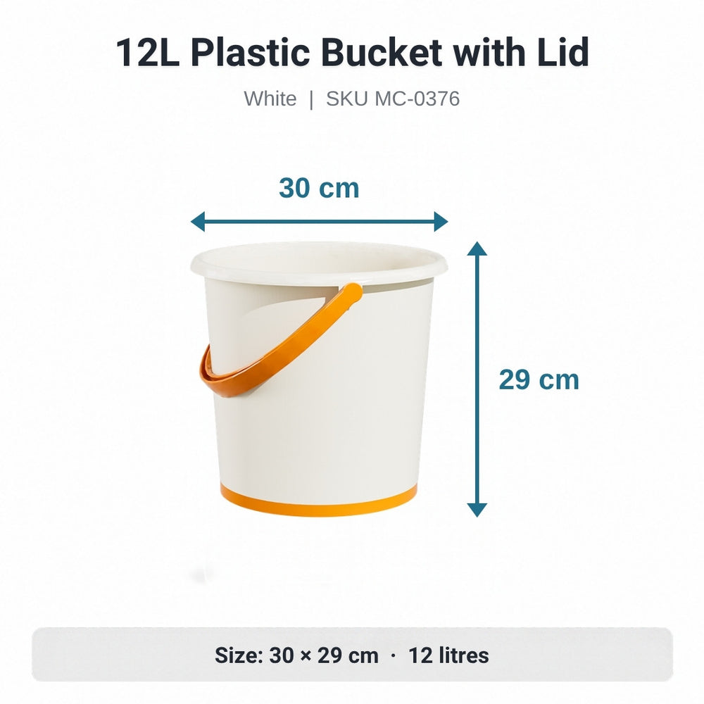 12L white plastic bucket with lid, size 30 by 29 cm