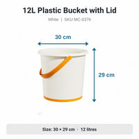12L white plastic bucket with lid, size 30 by 29 cm