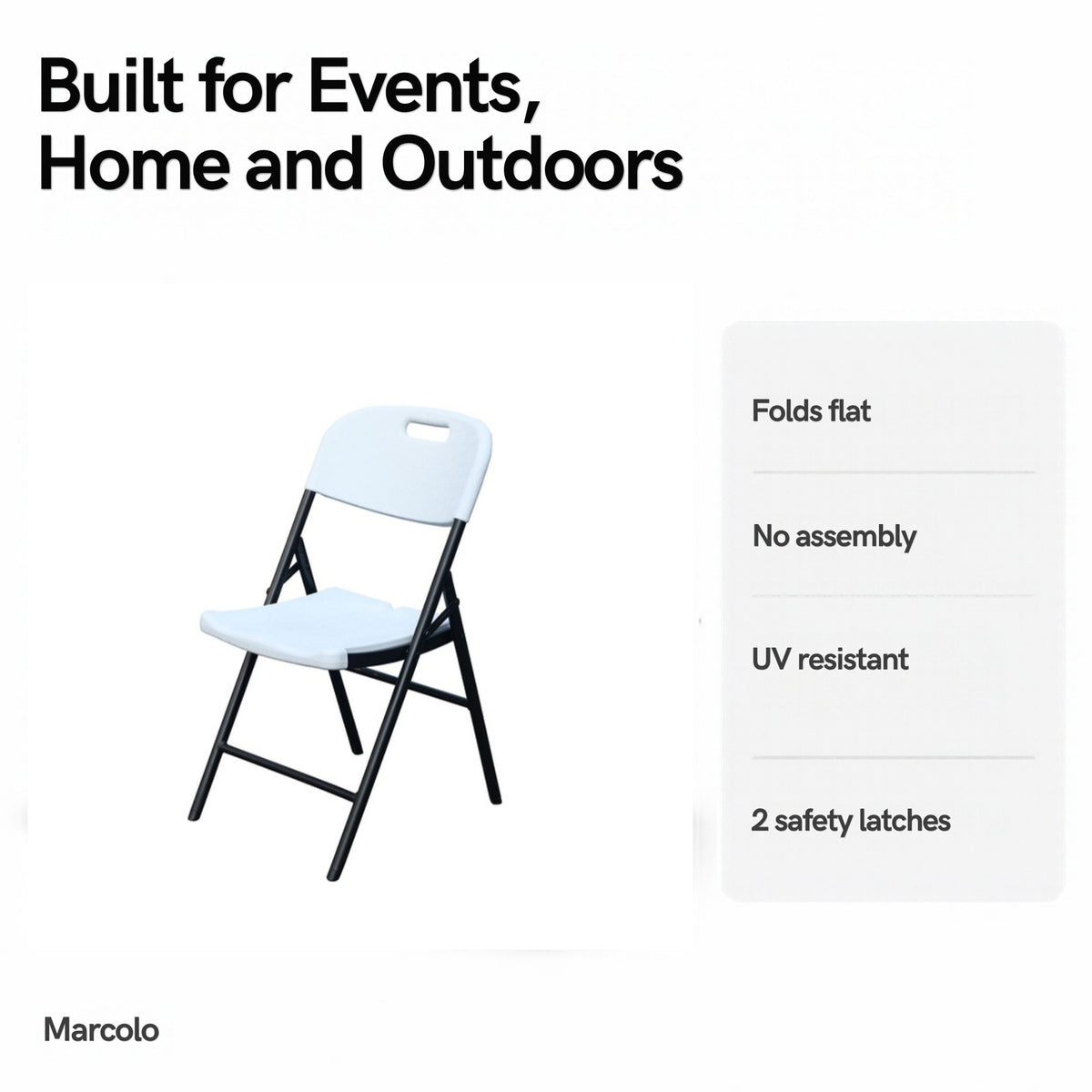 Heavy-Duty Folding Chair White – folds flat, no assembly, UV resistant, 2 safety latches
