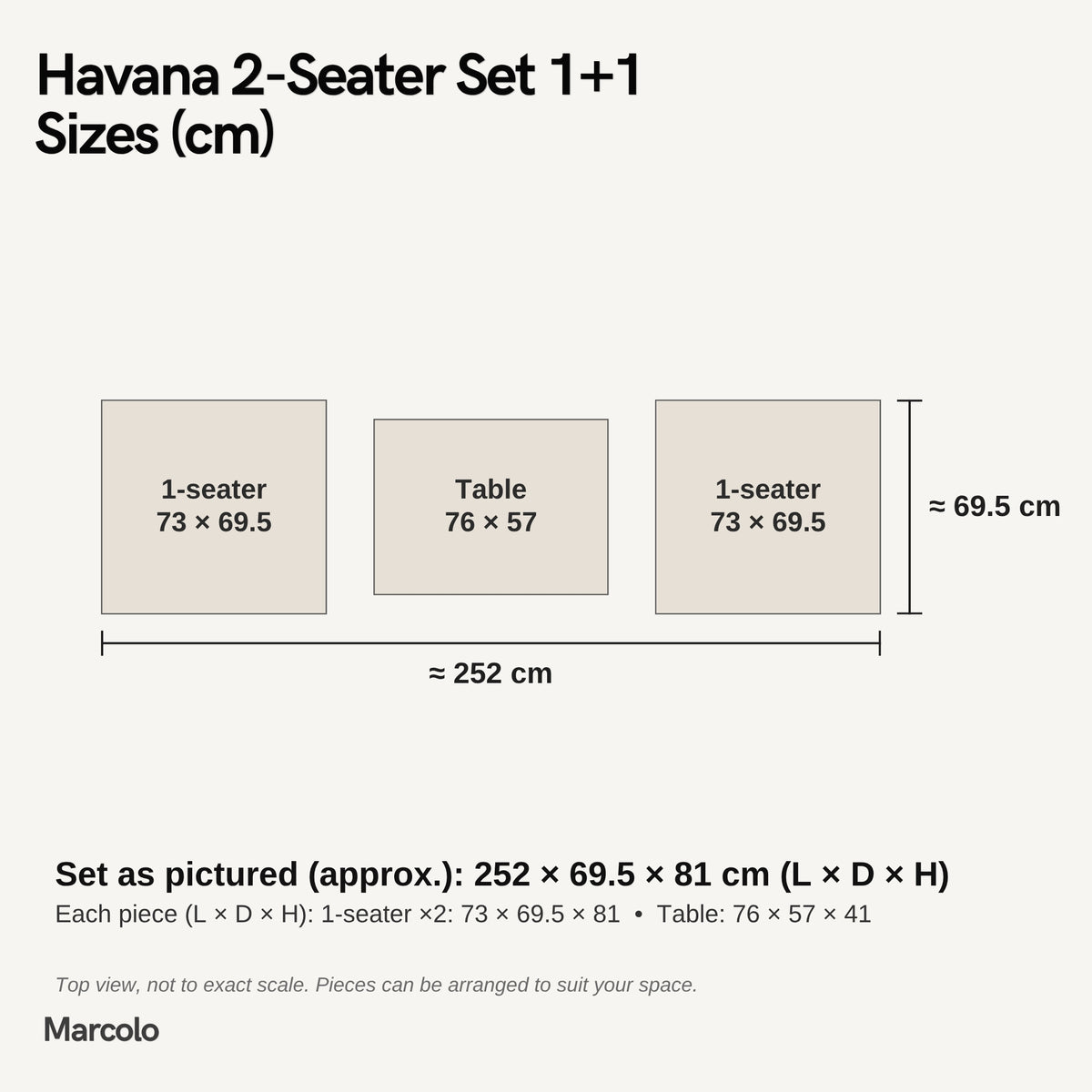 Havana 2-Seater Set 1+1 – sizes (cm)