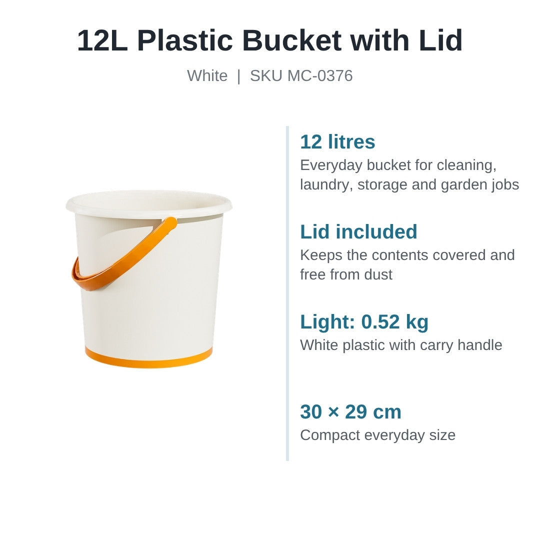 12L white plastic bucket with lid key features: 12 litres, lid included, 0.52 kg, 30 x 29 cm
