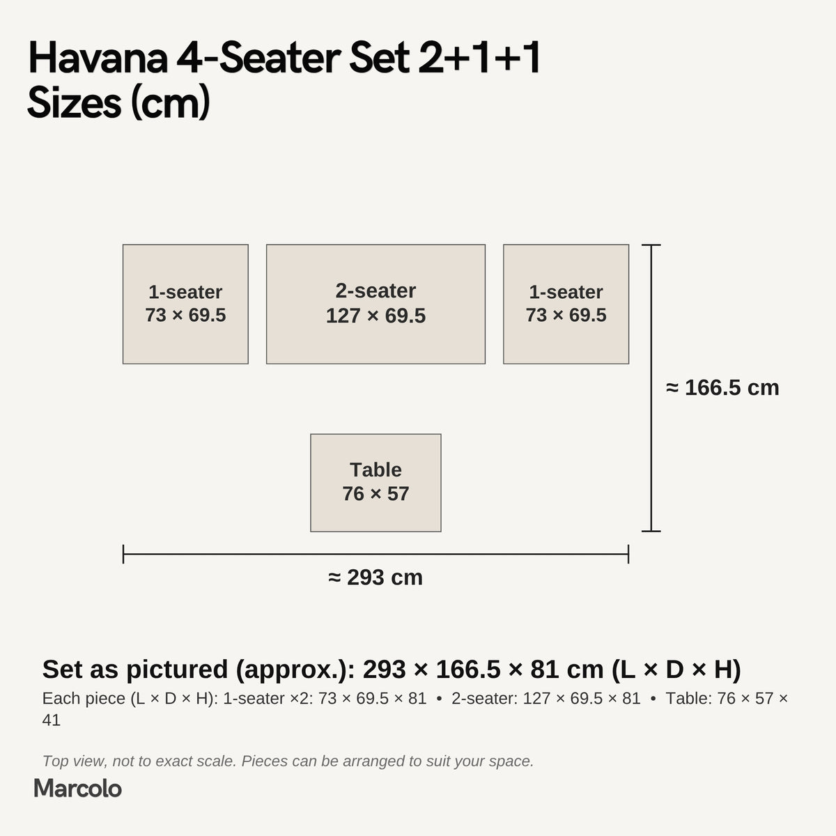 Havana 4-Seater Set 2+1+1 – sizes (cm)