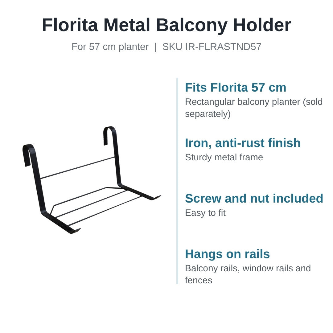 Florita metal balcony holder features: fits Florita 57 cm planter, iron with anti-rust finish, screw and nut included