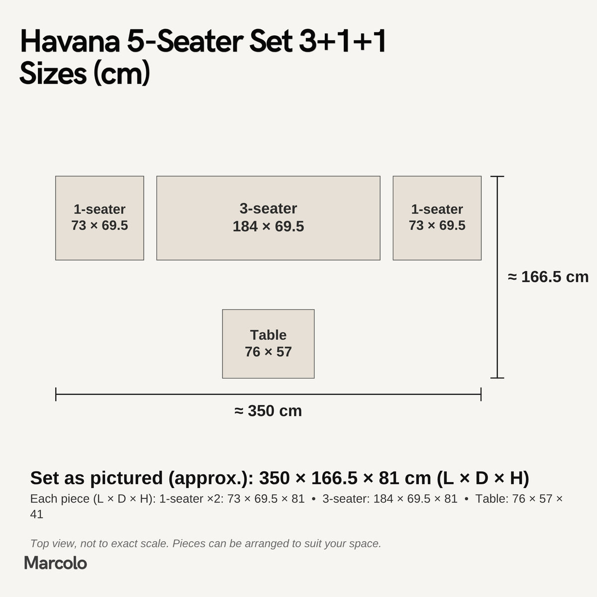 Havana 5-Seater Set 3+1+1 – sizes (cm)