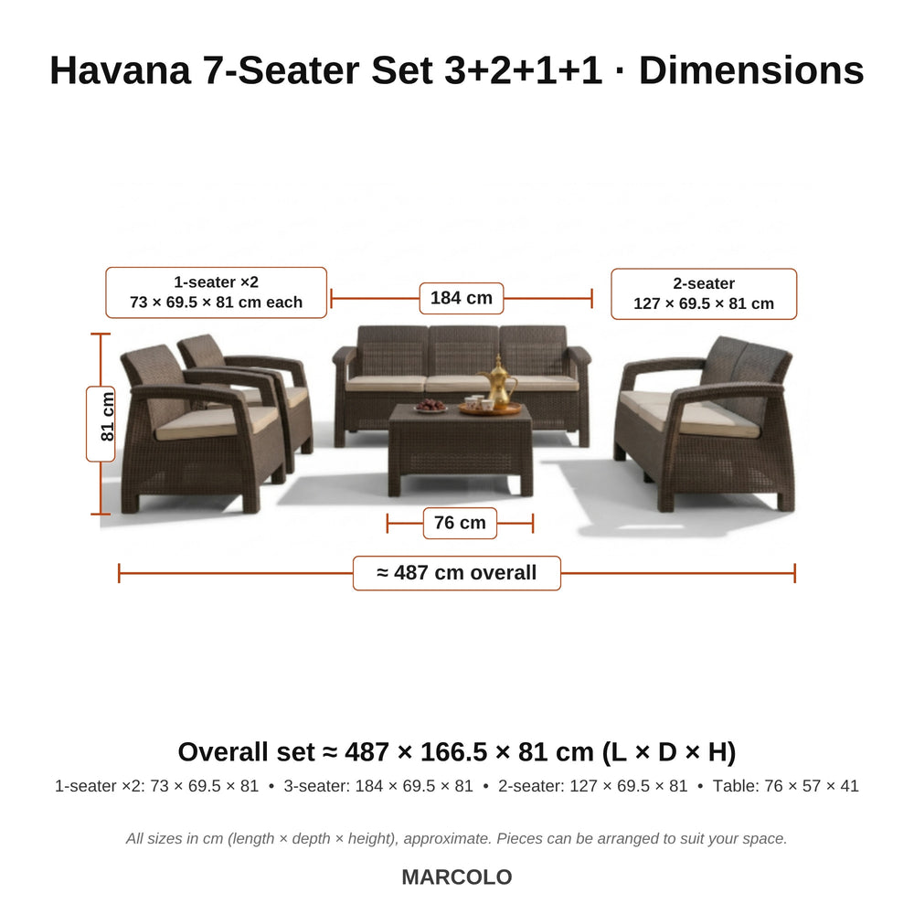 Havana 7-Seater Set 3+2+1+1 – dimensions