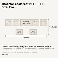 Havana 6-Seater Set 2+1+1+1+1 – sizes (cm)