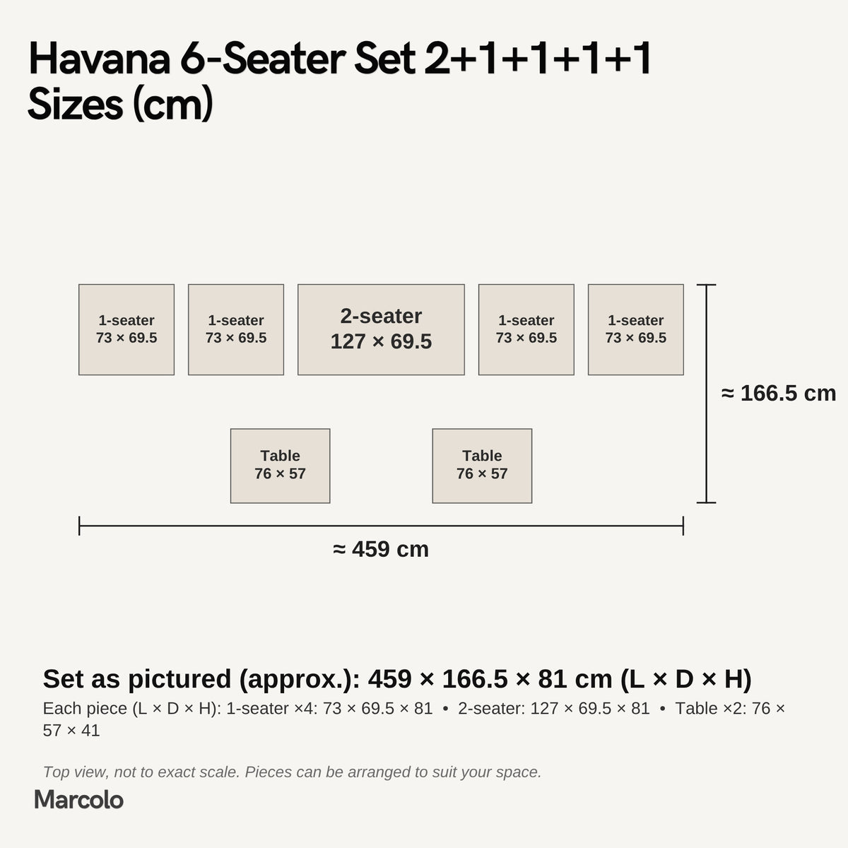 Havana 6-Seater Set 2+1+1+1+1 – sizes (cm)