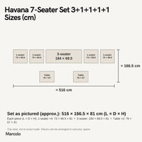 Havana 7-Seater Set 3+1+1+1+1 – sizes (cm)