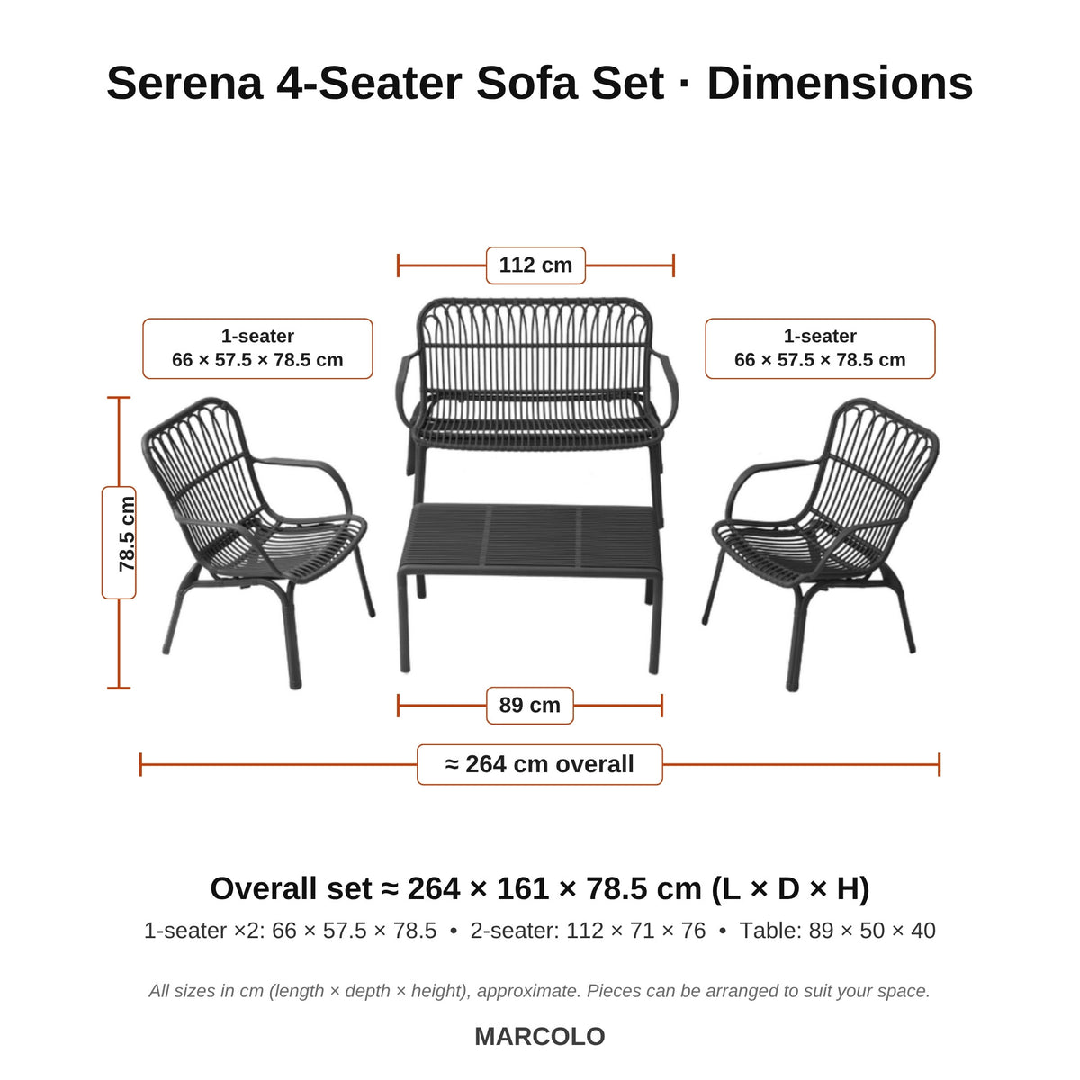 Serena 4-seater outdoor set dimensions – Black