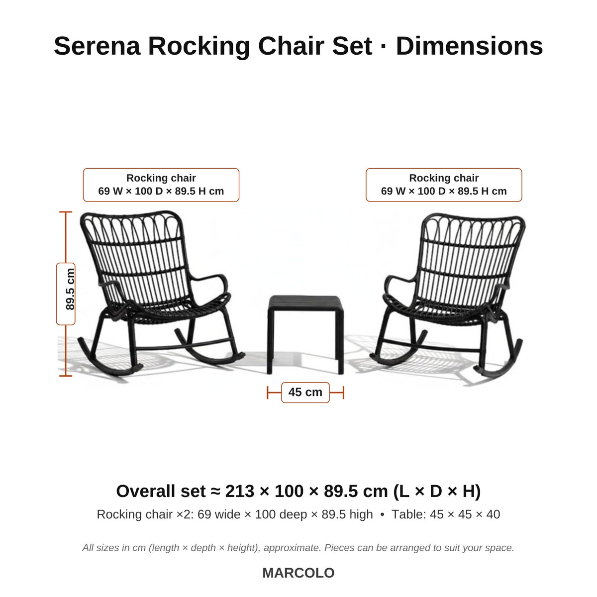 Serena rocking chair set dimensions – Black