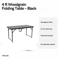 4 ft woodgrain folding table key features: woodgrain finish, 37 mm top, carry handle, no assembly