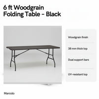 6 ft woodgrain folding table key features: woodgrain finish, 38 mm top, dual support bars, UV-resistant