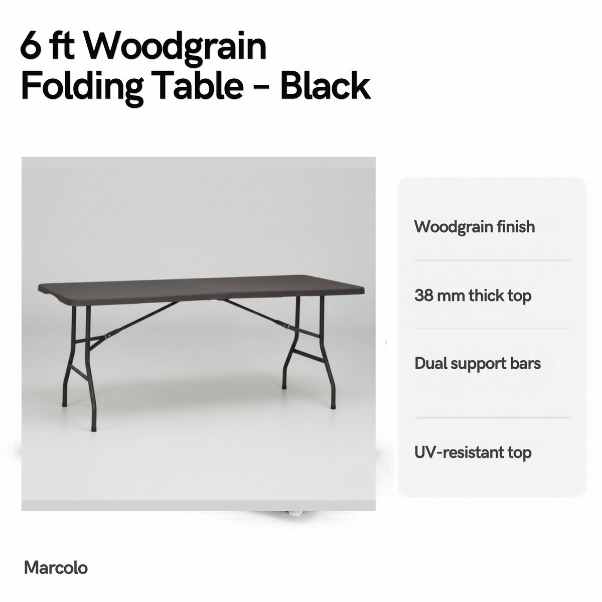 6 ft woodgrain folding table key features: woodgrain finish, 38 mm top, dual support bars, UV-resistant