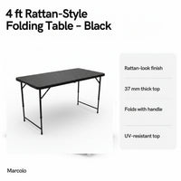 4 ft rattan-style folding table key features: rattan-look finish, 37 mm top, carry handle, UV-resistant