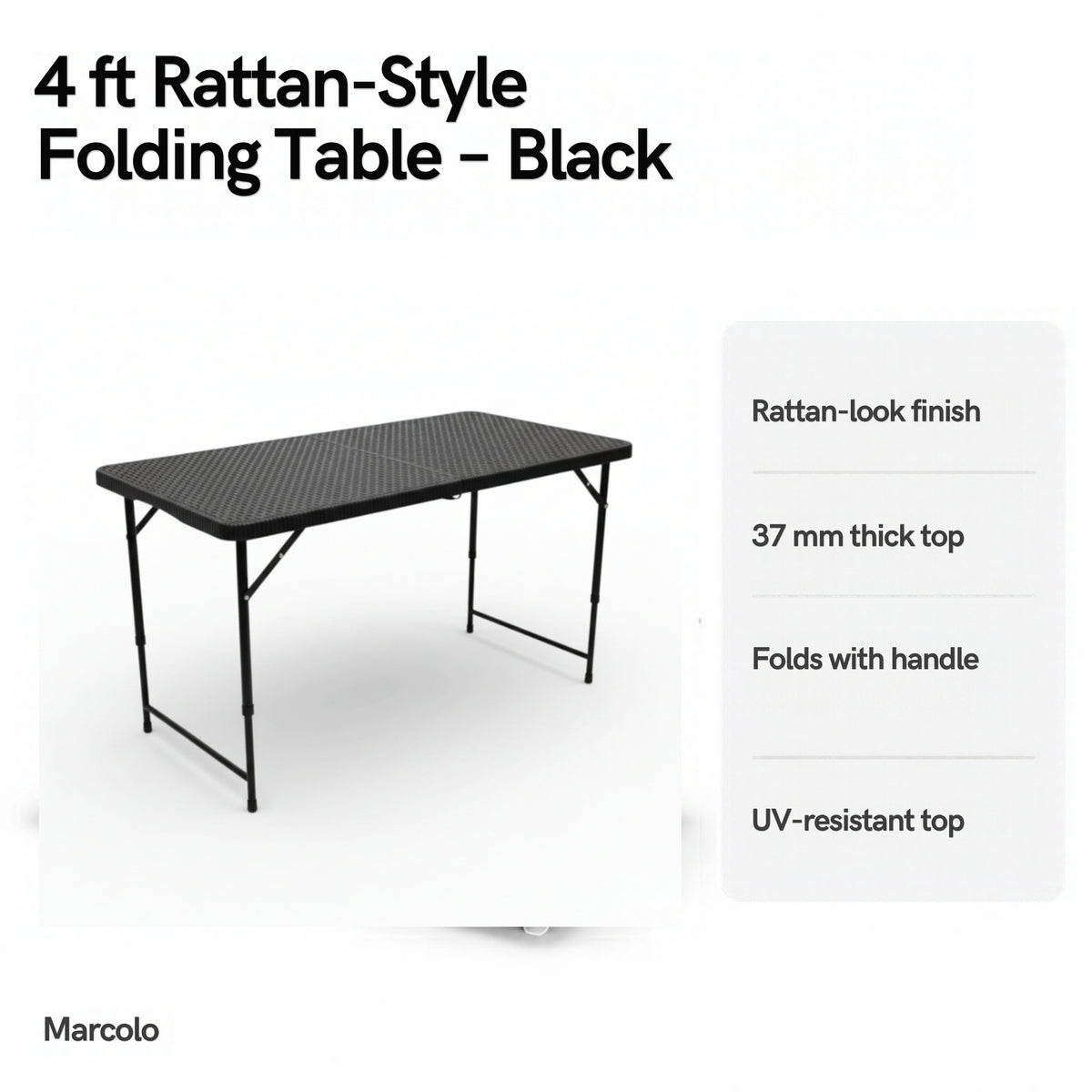 4 ft rattan-style folding table key features: rattan-look finish, 37 mm top, carry handle, UV-resistant