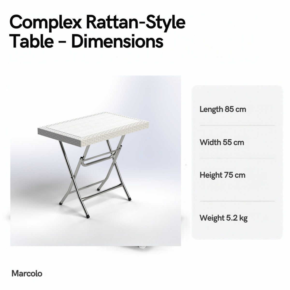 Complex rattan-style folding table dimensions: 85 × 55 × 75 cm, 5.2 kg