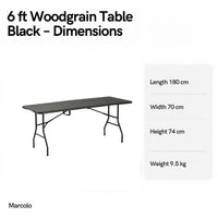 6 ft woodgrain rectangular folding table dimensions: 180 × 70 × 74 cm, 9.5 kg